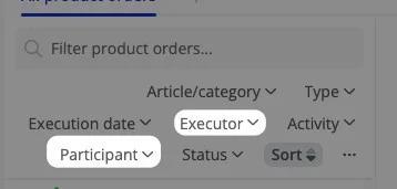 Menu Productorderfilter met opties voor uitvoerder, deelnemer, activiteit en status.