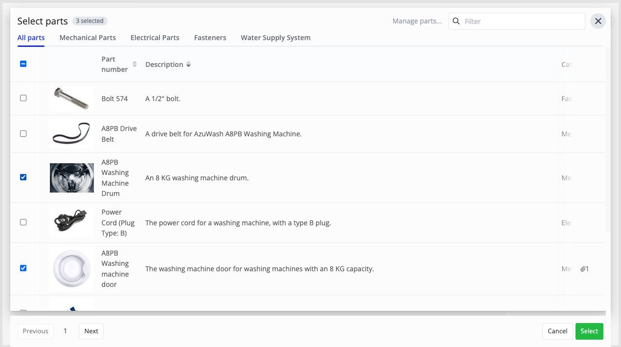docs new interface for part selection