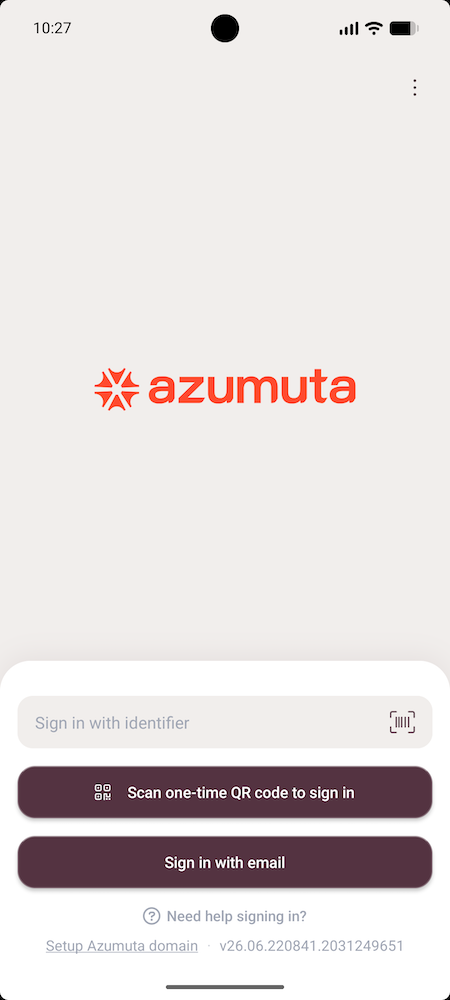 Het aanmeldingsscherm van de Azumuta-app met het identifier-veld, waar een operator hun code invoert.