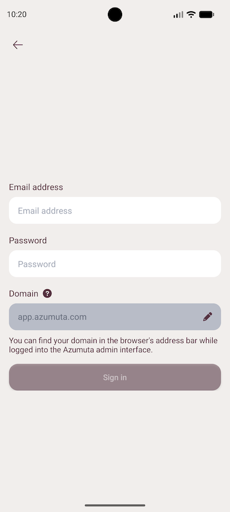 Het aanmeldingsscherm voor e-mail in de Azumuta-app, met velden voor bedrijfsdomein, e-mailadres en wachtwoord.