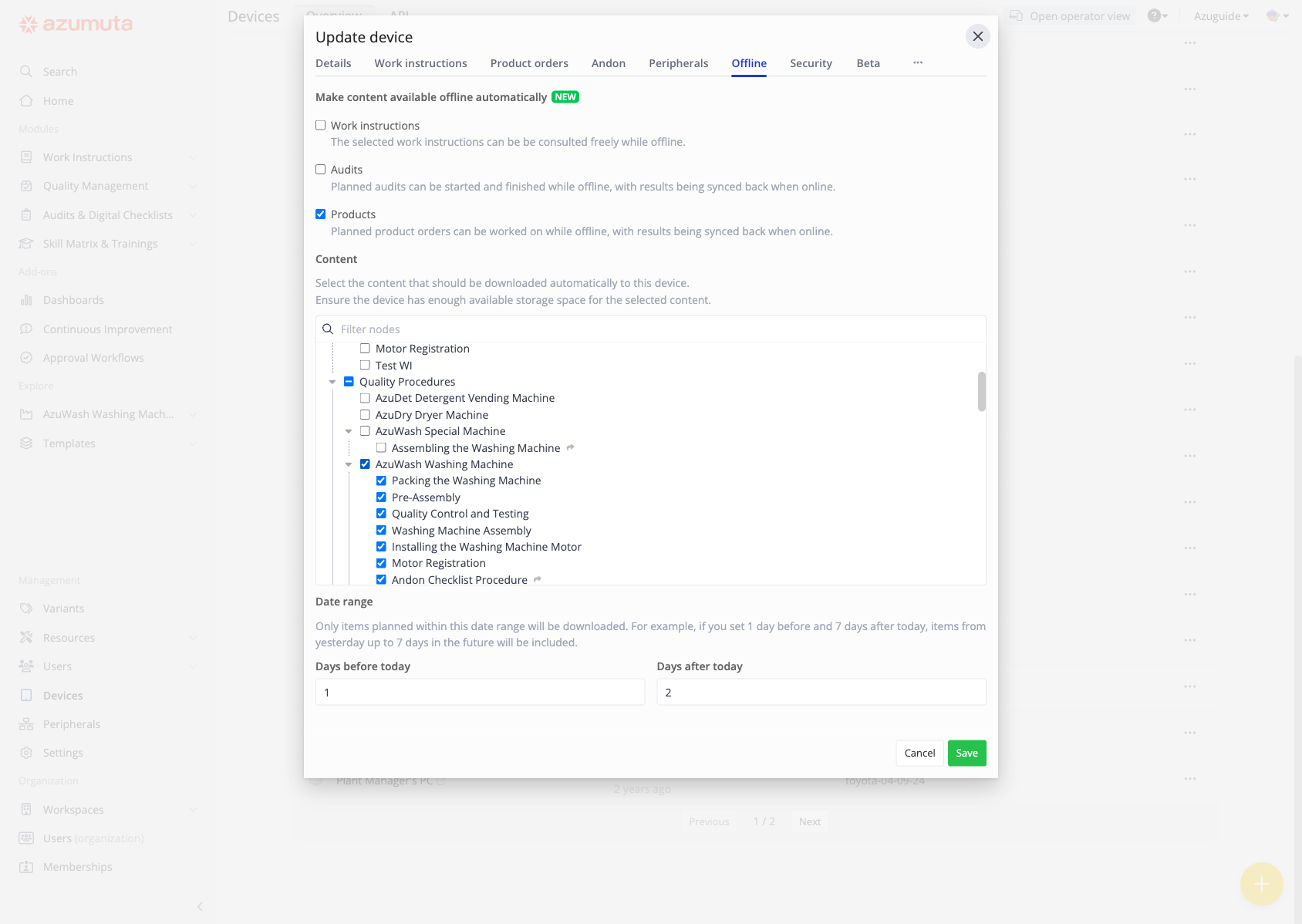 L'onglet Hors ligne de l'appareil, avec Produits coché pour la disponibilité hors ligne automatique et une sélection de contenu.