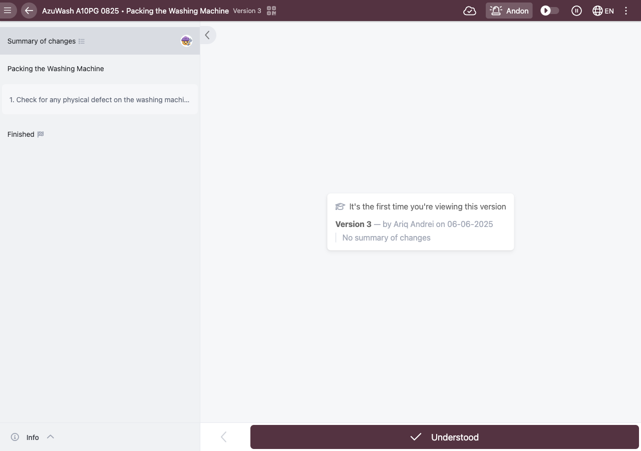 Ouverture d'une version mise à jour lors d'une commande de produit : l'opérateur examine le résumé des changements et confirme avec Compris.