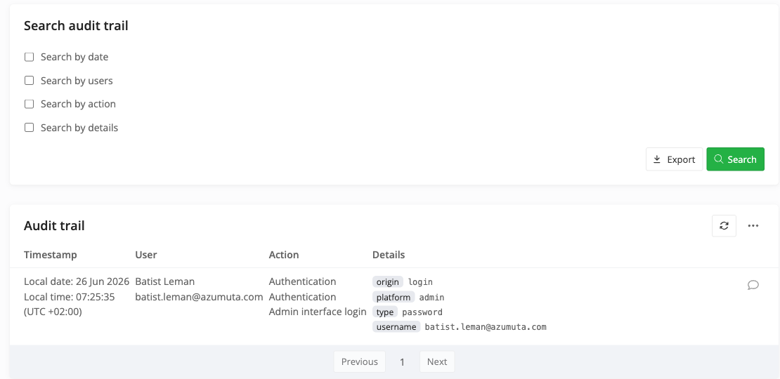 L'écran Trace d'audit sous Paramètres, avec des Filtres de recherche et une entrée de connexion enregistrée affichant ses Détails.