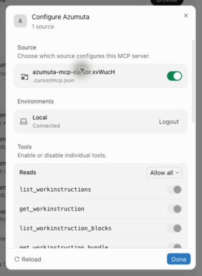 Cursor shows the Azumuta connection as Connected and lists read tools