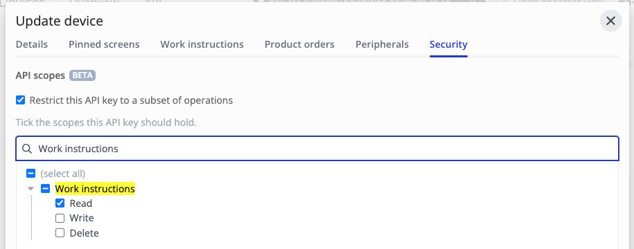 API scopes filtered to Work instructions, with Read selected and Write and Delete cleared