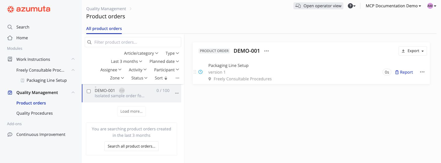 Product order DEMO-001 in Azumuta, with Packaging Line Setup version 1 and its Report link