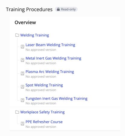 The synced Training Procedures top-level item in the destination, with a Read-only tag. Its work instructions show No approved version until the destination approves them.