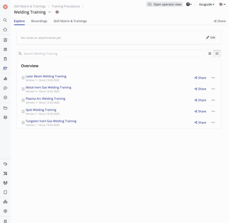 Clicking the gear icon in the collapsed sidebar opens Settings. Under Organization, clicking Content sync opens the Content syncs list, with the Training Procedures sync to Azuguide Child.