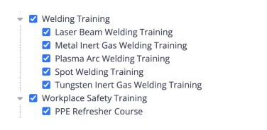 The item tree in the Edit content sync window, with the Welding Training and Workplace Safety Training folders and their work instructions selected.