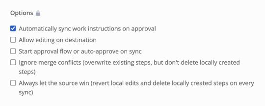 The Options section of the Edit content sync window with the five sync options. Automatically sync work instructions on approval is ticked.