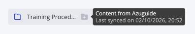 The synced Training Procedures item in the destination's side panel, with the badge's tooltip reading Content from Azuguide and the last synced date and time.
